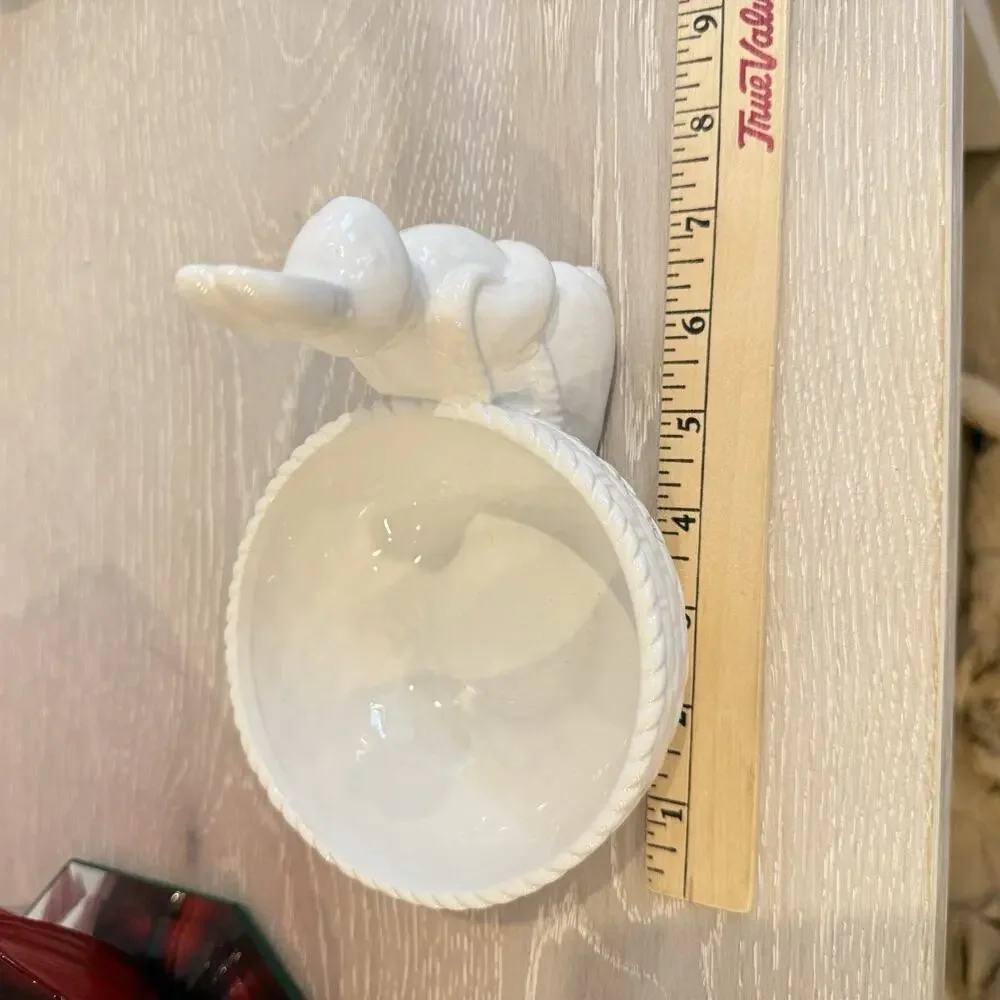 White Ceramic Bunny Bowl‎ Easter Farmhouse Candy Trinket Dish Happy Easter NWOT